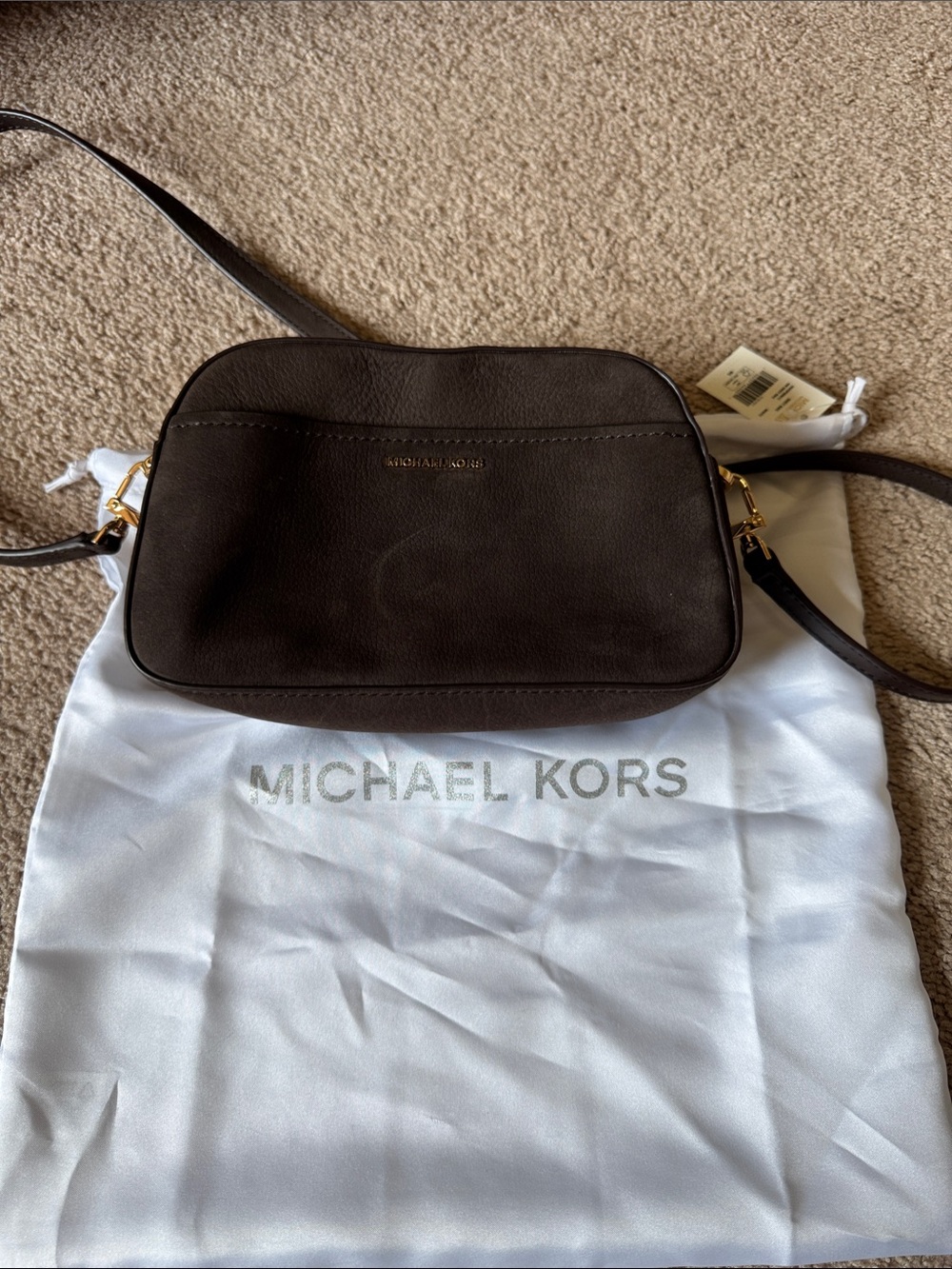 Michael Kors Dark Brown Suede Crossbody Bag with Gold Hardware
